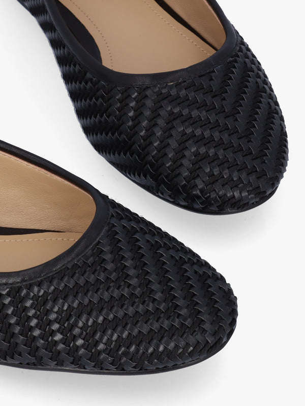 Sally Black Leather Woven Ballet Pumps