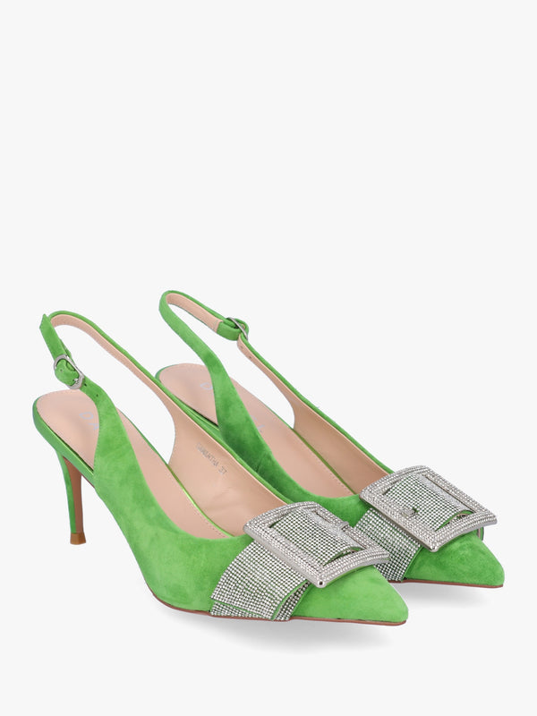 Samantha Green Suede Diamante Buckle Heeled Sling Backs