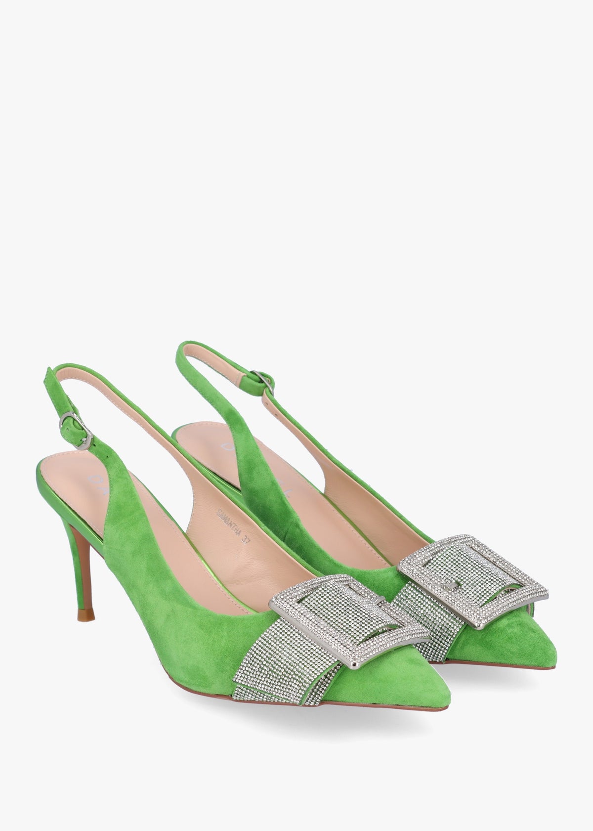 Samantha Green Suede Diamante Buckle Heeled Sling Backs