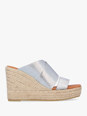 Khloe Silver Cross Strap Wedge Espadrille Mules