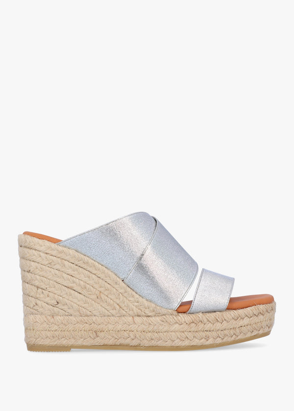 Khloe Silver Cross Strap Wedge Espadrille Mules