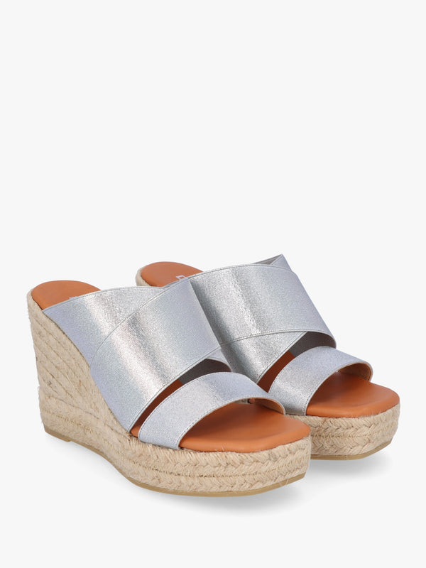 Khloe Silver Cross Strap Wedge Espadrille Mules