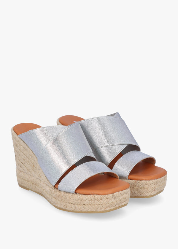 Khloe Silver Cross Strap Wedge Espadrille Mules