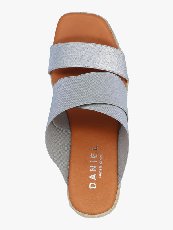 Khloe Silver Cross Strap Wedge Espadrille Mules
