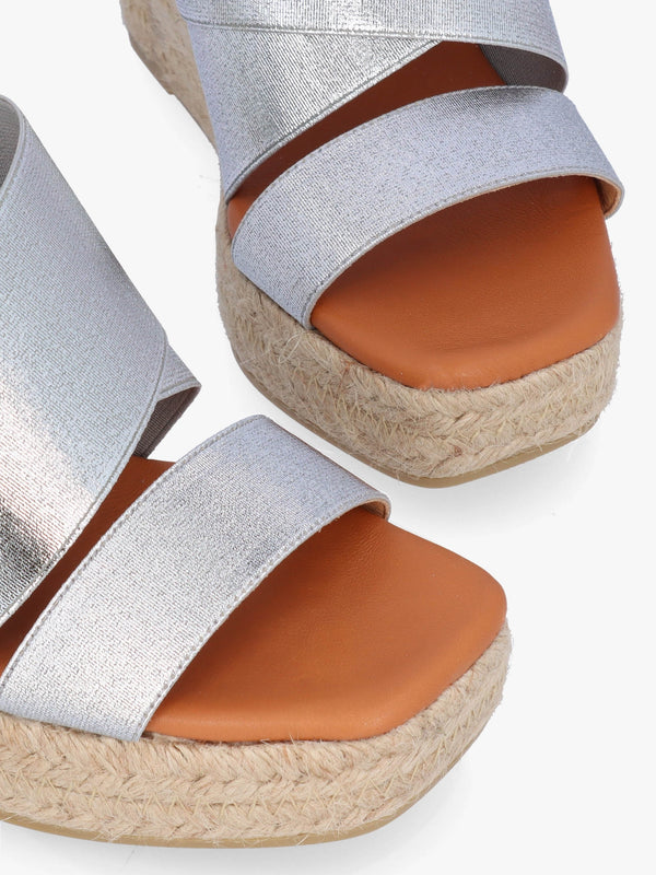 Khloe Silver Cross Strap Wedge Espadrille Mules