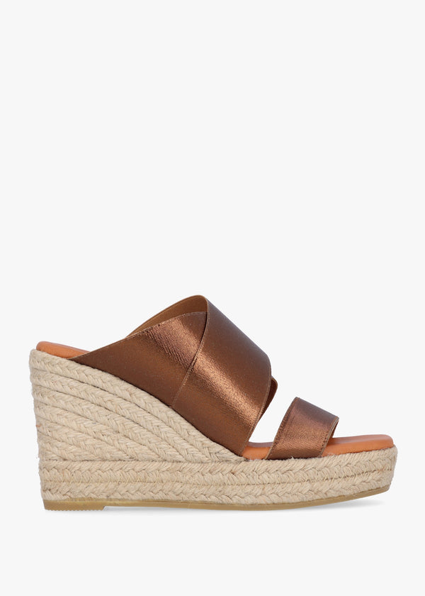 Khloe Bronze Cross Strap Wedge Espadrille Mules