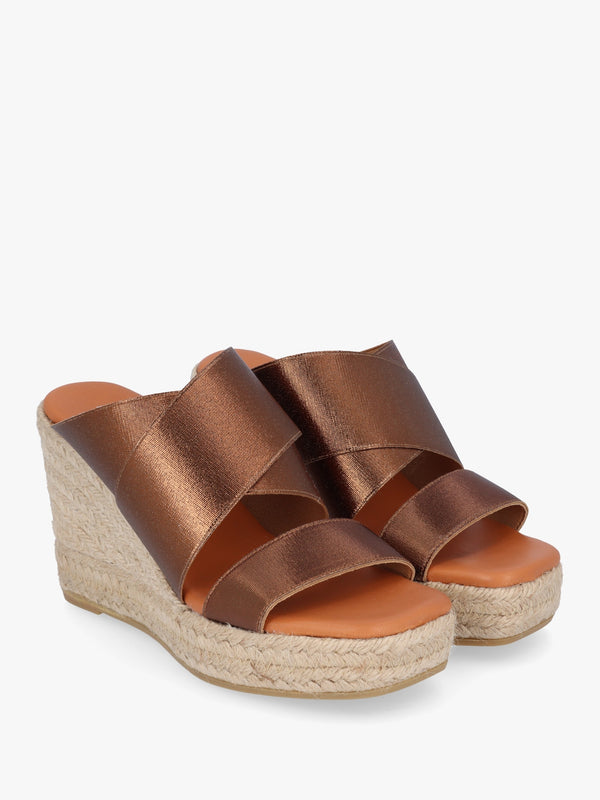Khloe Bronze Cross Strap Wedge Espadrille Mules