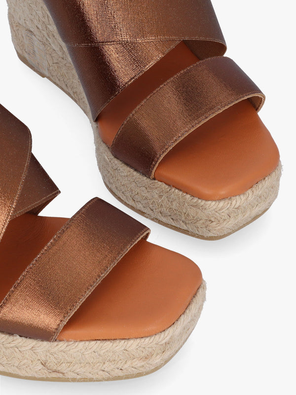 Khloe Bronze Cross Strap Wedge Espadrille Mules