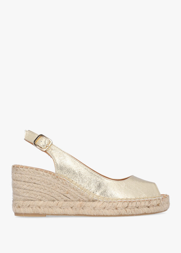Kate Gold Leather Peep Toe Wedge Espadrilles