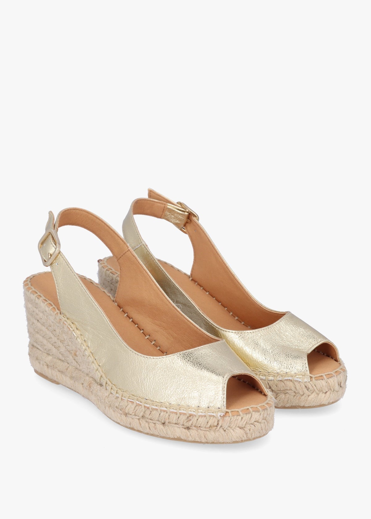 Kate Gold Leather Peep Toe Wedge Espadrilles