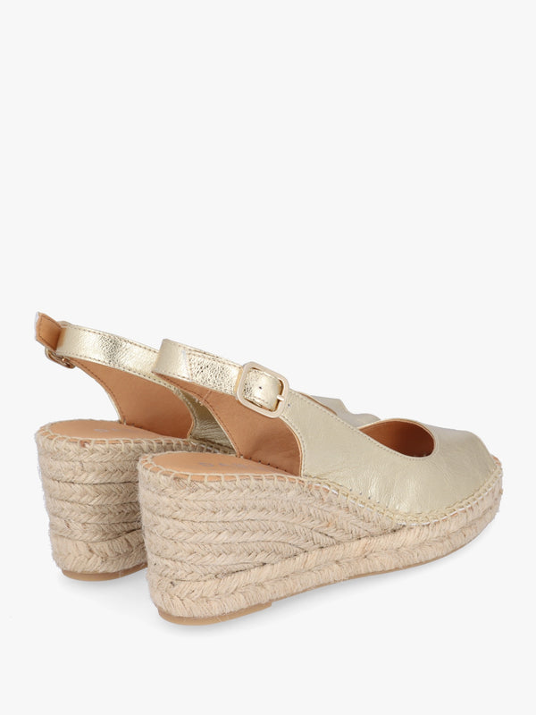 Kate Gold Leather Peep Toe Wedge Espadrilles