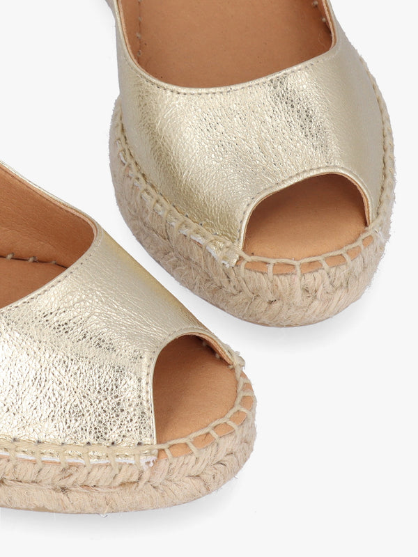 Kate Gold Leather Peep Toe Wedge Espadrilles