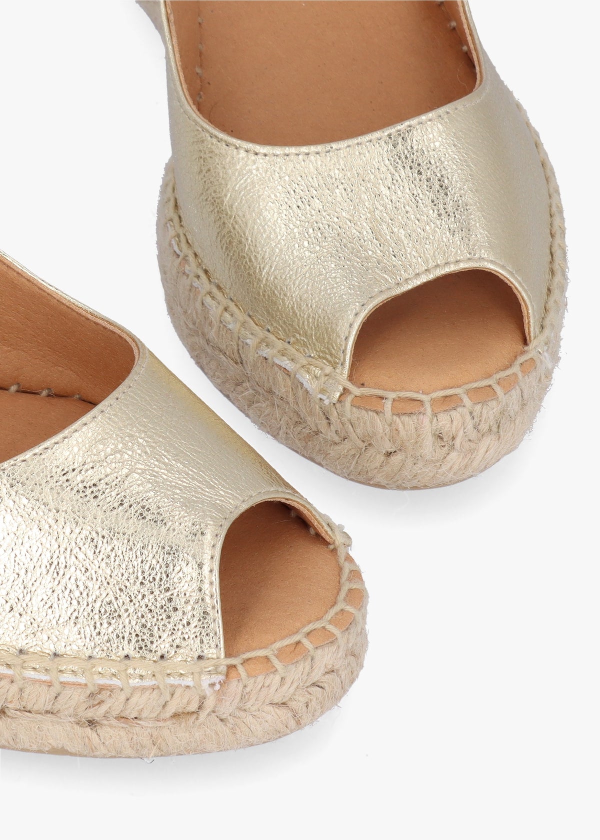 Kate Gold Leather Peep Toe Wedge Espadrilles