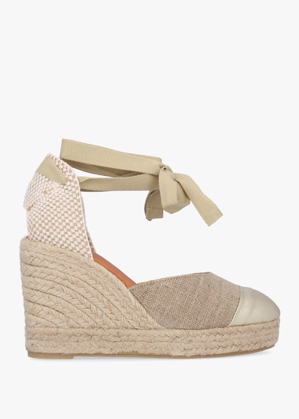 Kendall Beige Textile Gold Leather Toe Cap Wedge Espadrilles