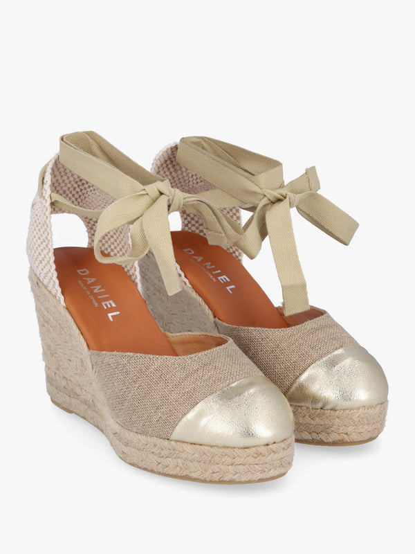 Kendall Beige Textile Gold Leather Toe Cap Wedge Espadrilles