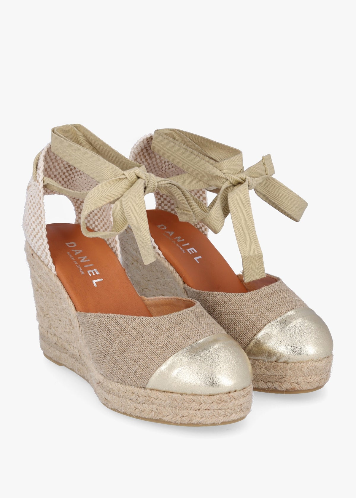 Kendall Beige Textile Gold Leather Toe Cap Wedge Espadrilles