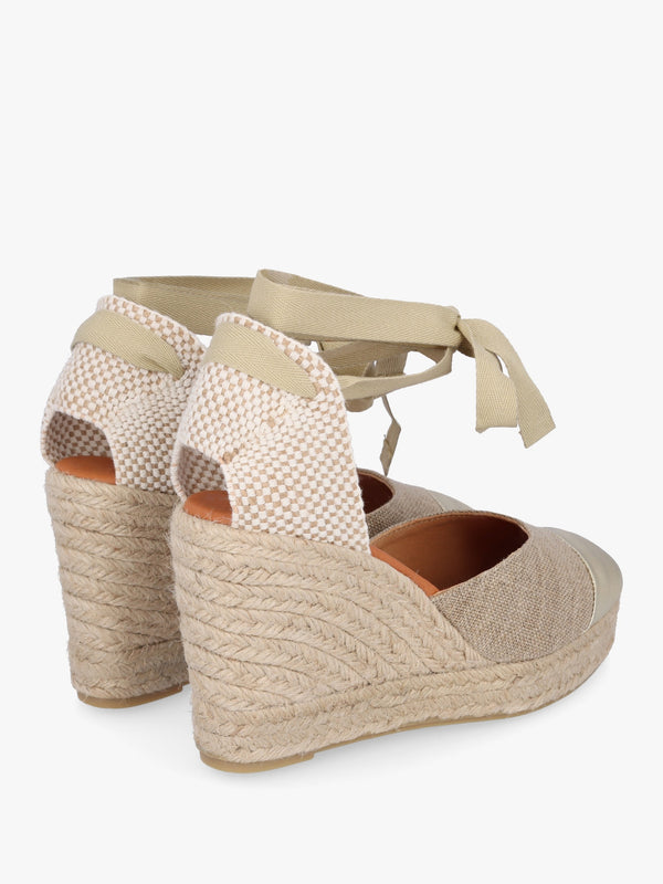 Kendall Beige Textile Gold Leather Toe Cap Wedge Espadrilles