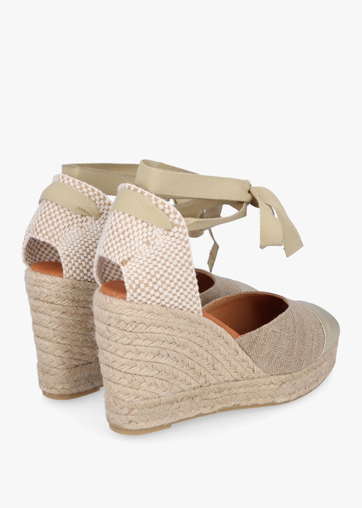 Kendall Beige Textile Gold Leather Toe Cap Wedge Espadrilles
