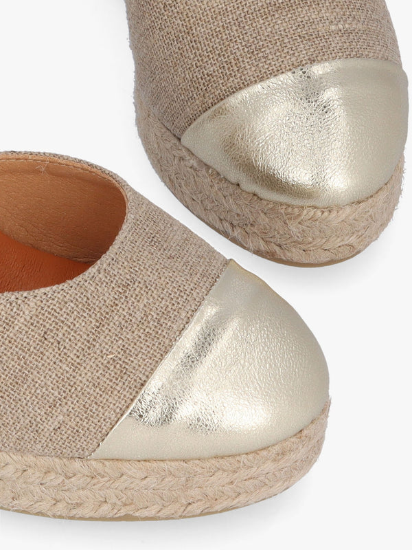 Kendall Beige Textile Gold Leather Toe Cap Wedge Espadrilles