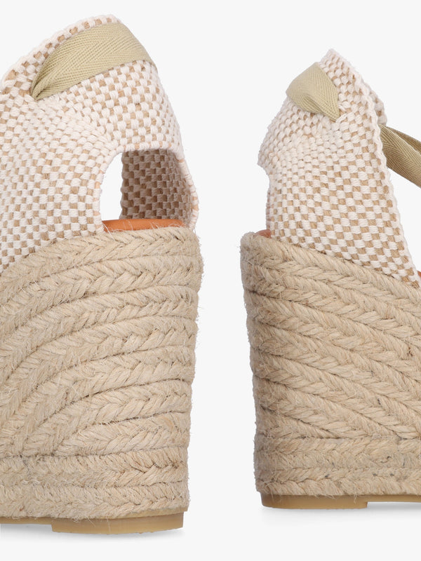 Kendall Beige Textile Gold Leather Toe Cap Wedge Espadrilles