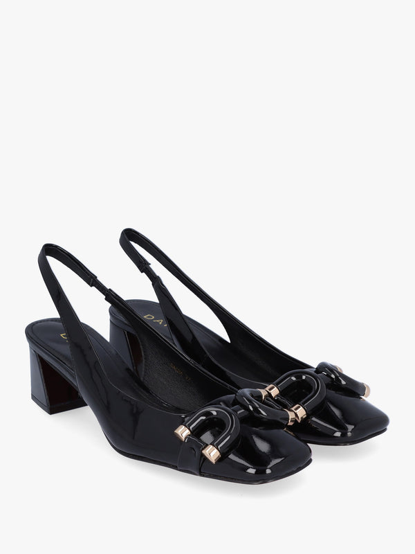 Sacha Black Patent Leather Block Heel Sling Backs