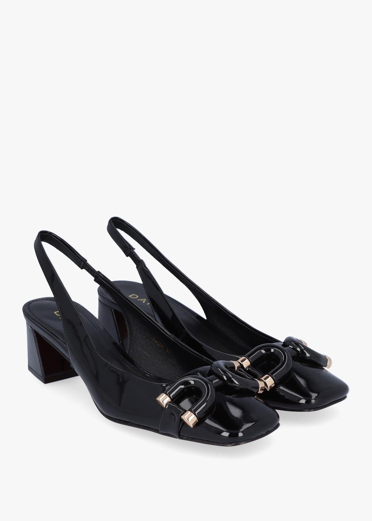 Sacha Black Patent Leather Block Heel Sling Backs