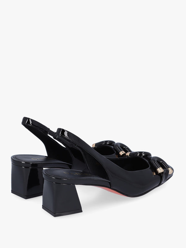 Sacha Black Patent Leather Block Heel Sling Backs