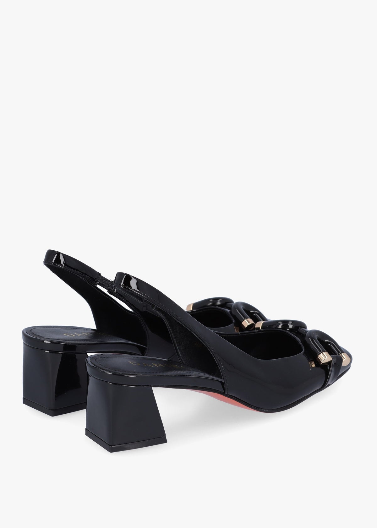 Sacha Black Patent Leather Block Heel Sling Backs