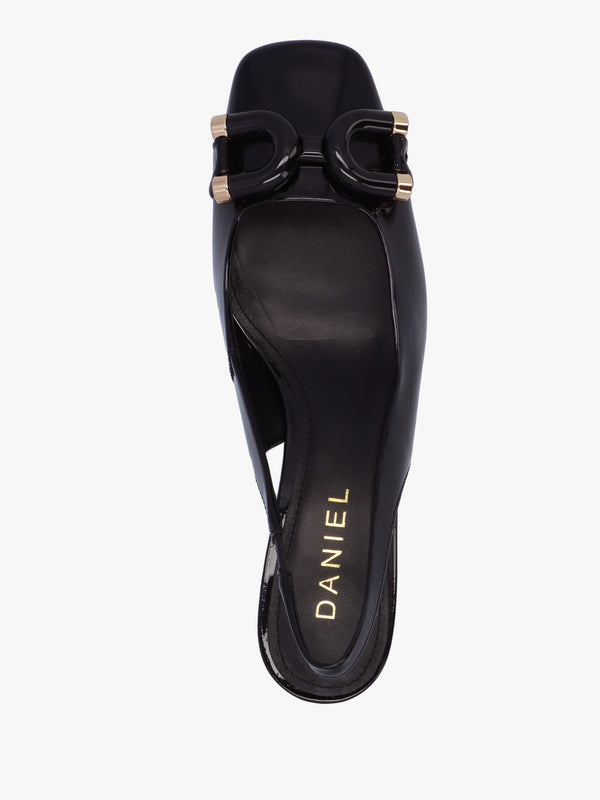 Sacha Black Patent Leather Block Heel Sling Backs