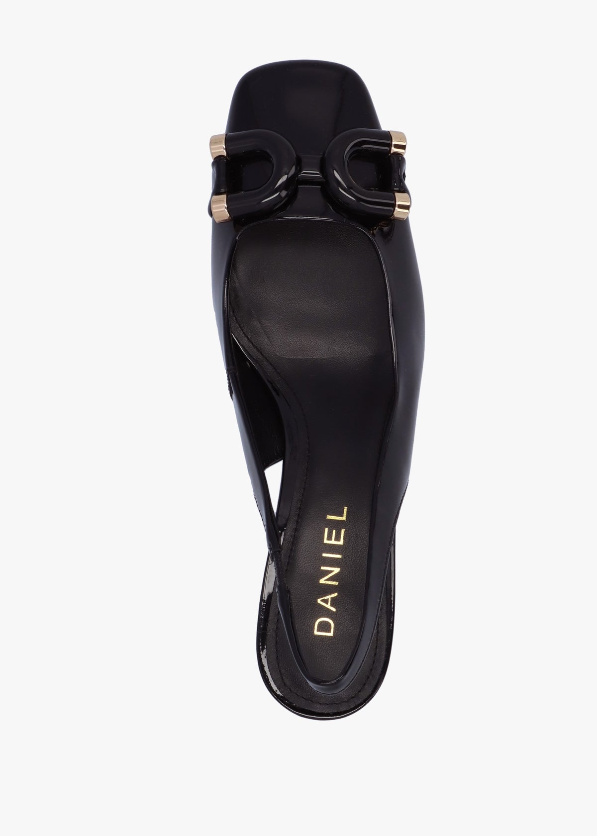Sacha Black Patent Leather Block Heel Sling Backs