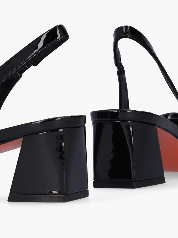 Sacha Black Patent Leather Block Heel Sling Backs