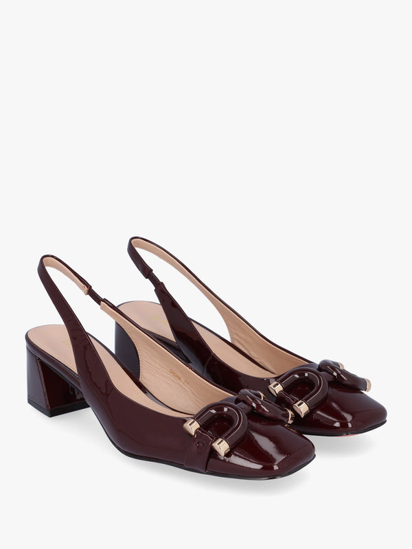 Sacha Burgundy Patent Leather Block Heel Sling Backs