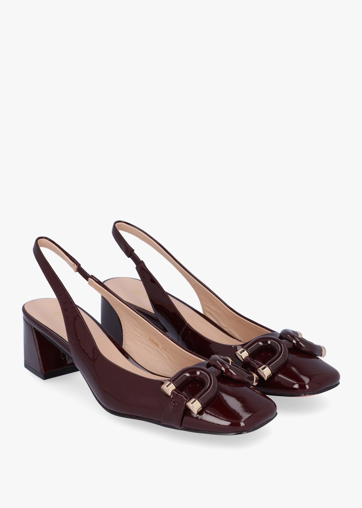 Sacha Burgundy Patent Leather Block Heel Sling Backs