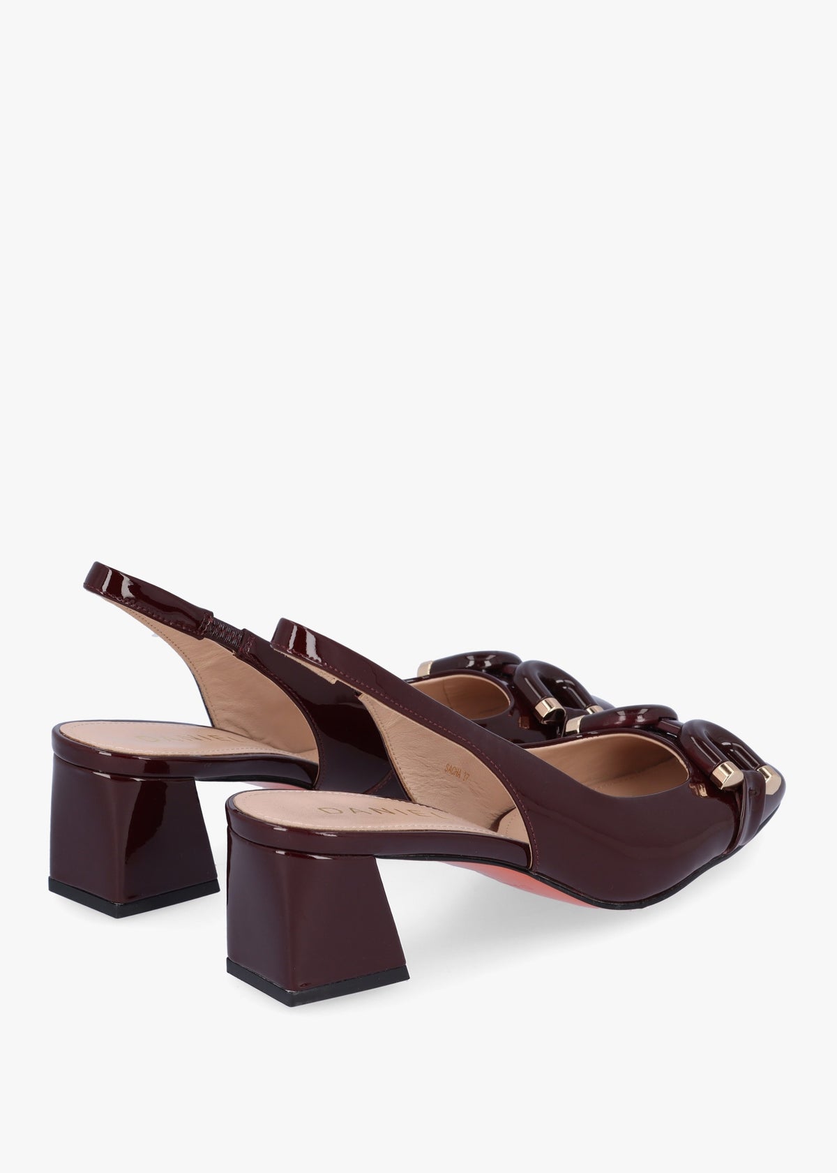 Sacha Burgundy Patent Leather Block Heel Sling Backs