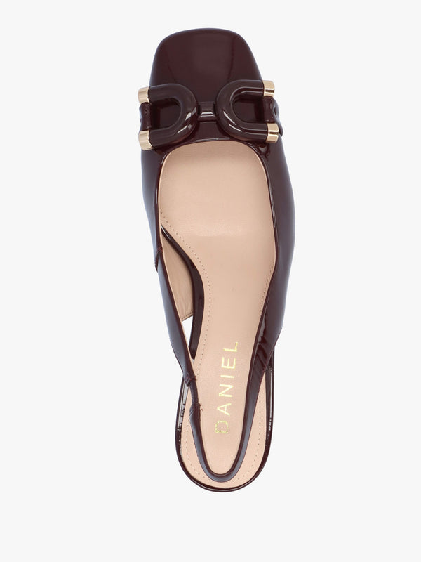 Sacha Burgundy Patent Leather Block Heel Sling Backs