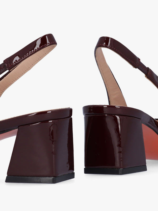 Sacha Burgundy Patent Leather Block Heel Sling Backs