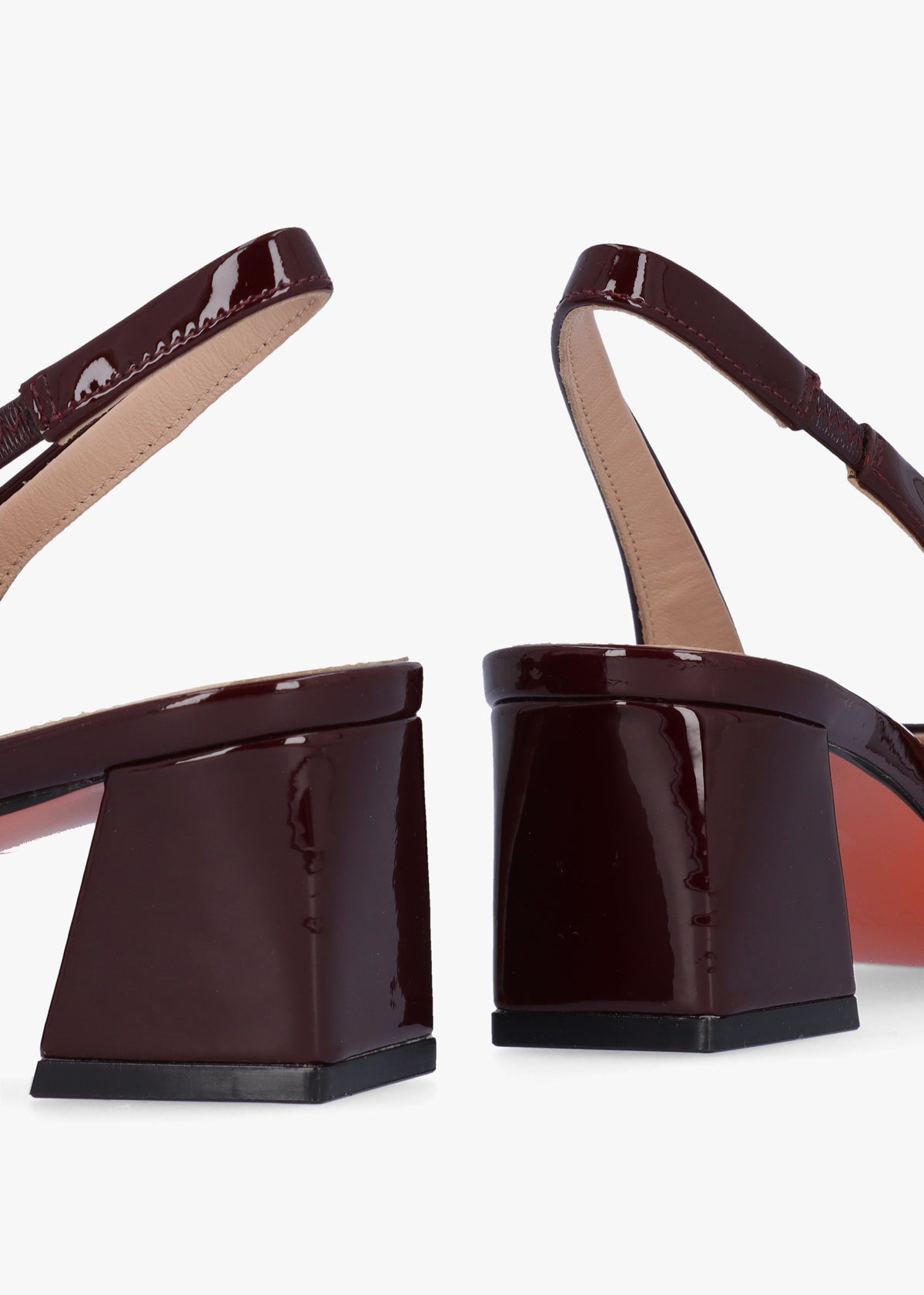 Sacha Burgundy Patent Leather Block Heel Sling Backs