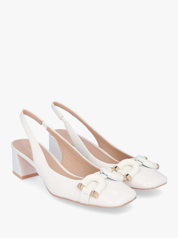 Sacha White Patent Leather Block Heel Sling Backs