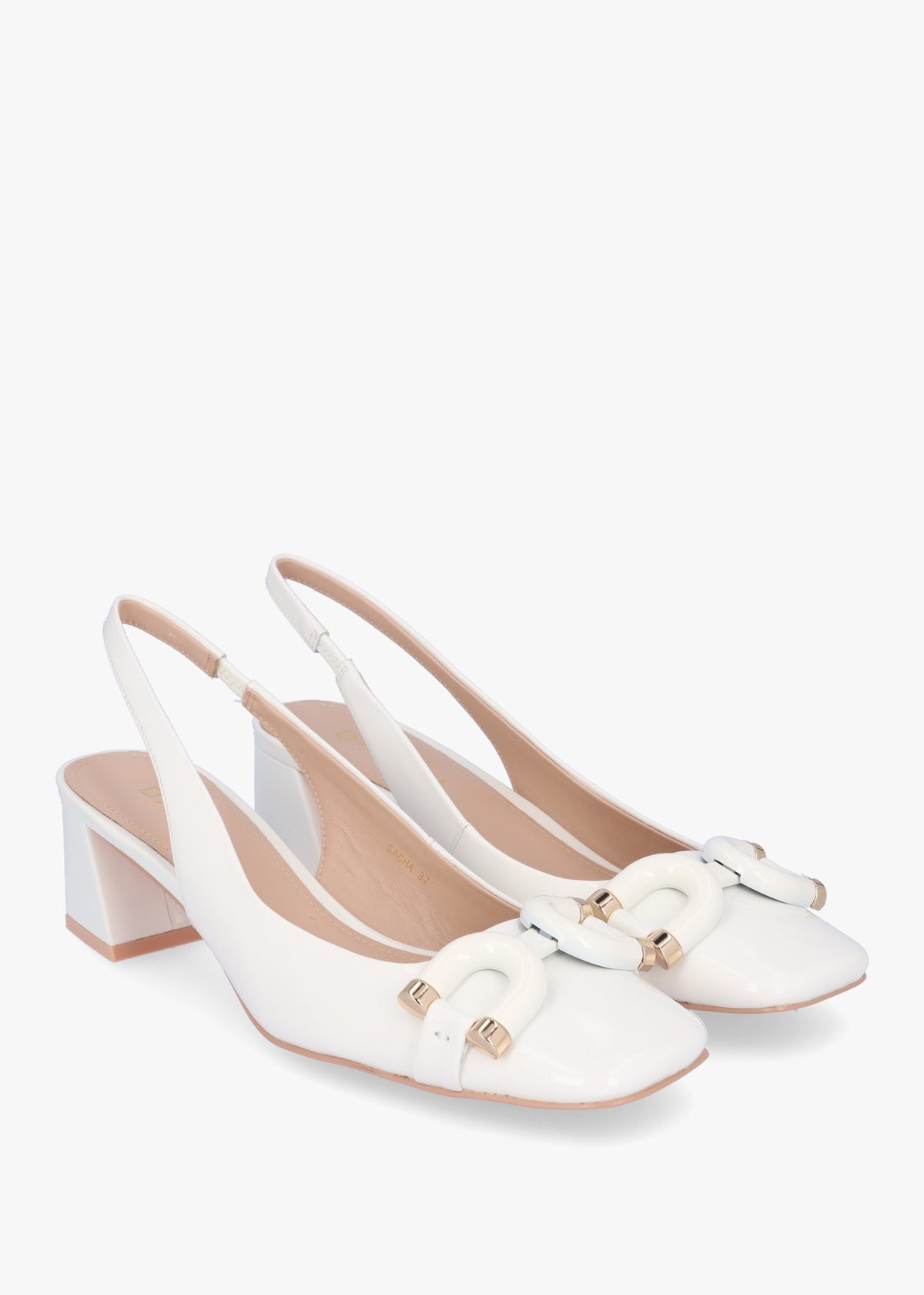 Sacha White Patent Leather Block Heel Sling Backs