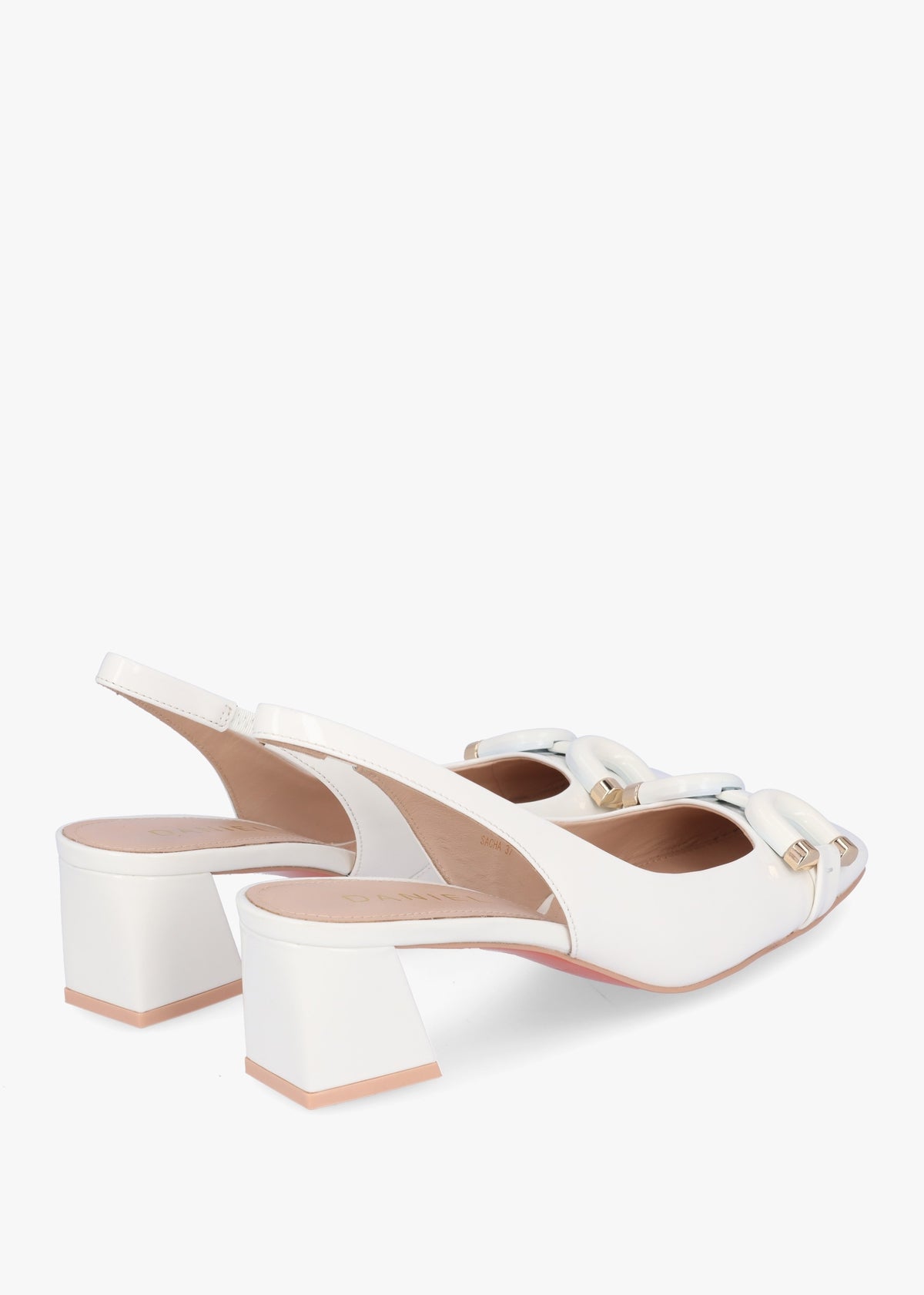 Sacha White Patent Leather Block Heel Sling Backs