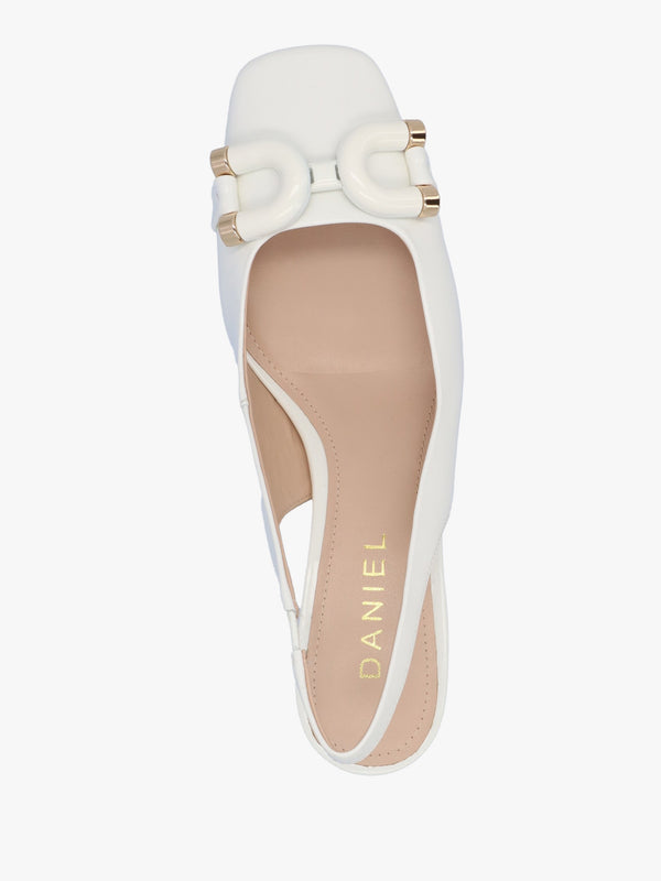 Sacha White Patent Leather Block Heel Sling Backs