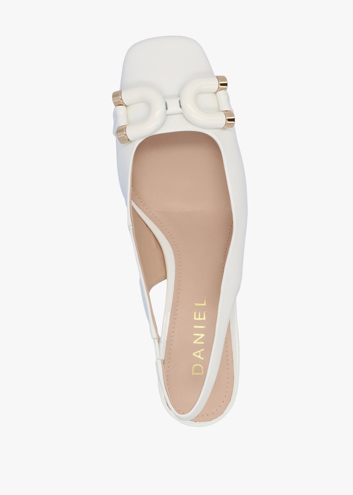 Sacha White Patent Leather Block Heel Sling Backs