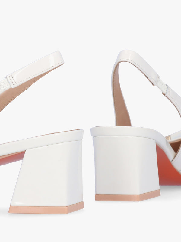 Sacha White Patent Leather Block Heel Sling Backs
