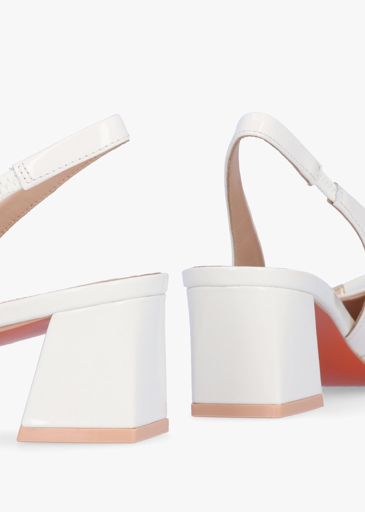 Sacha White Patent Leather Block Heel Sling Backs