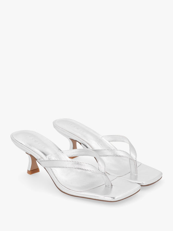 Eden Silver Leather Toe Post Kitten Heel Sandals