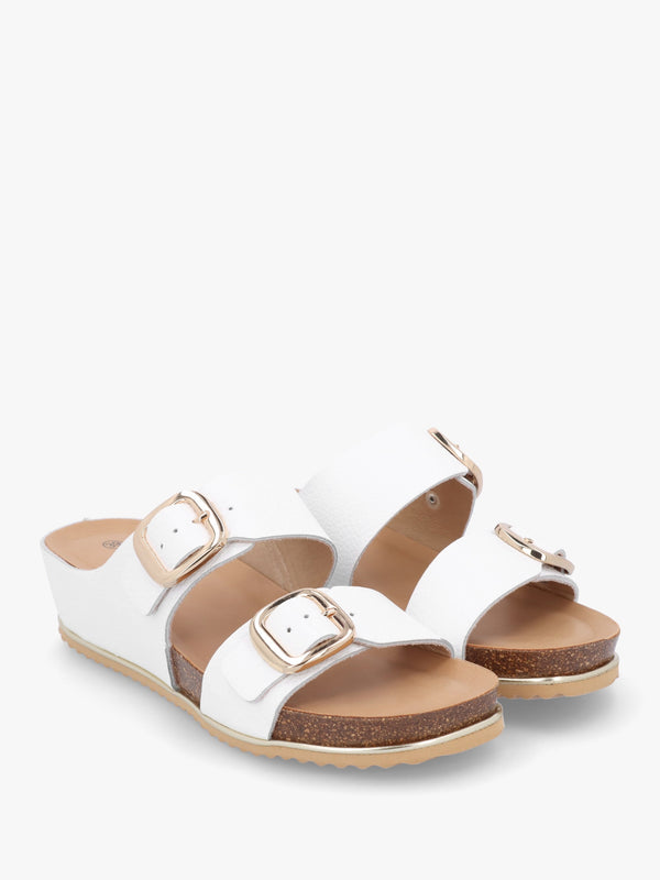 Ibuckle White Leather Two Bar Low Wedge Mules