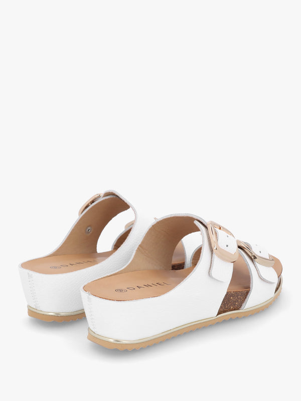 Ibuckle White Leather Two Bar Low Wedge Mules