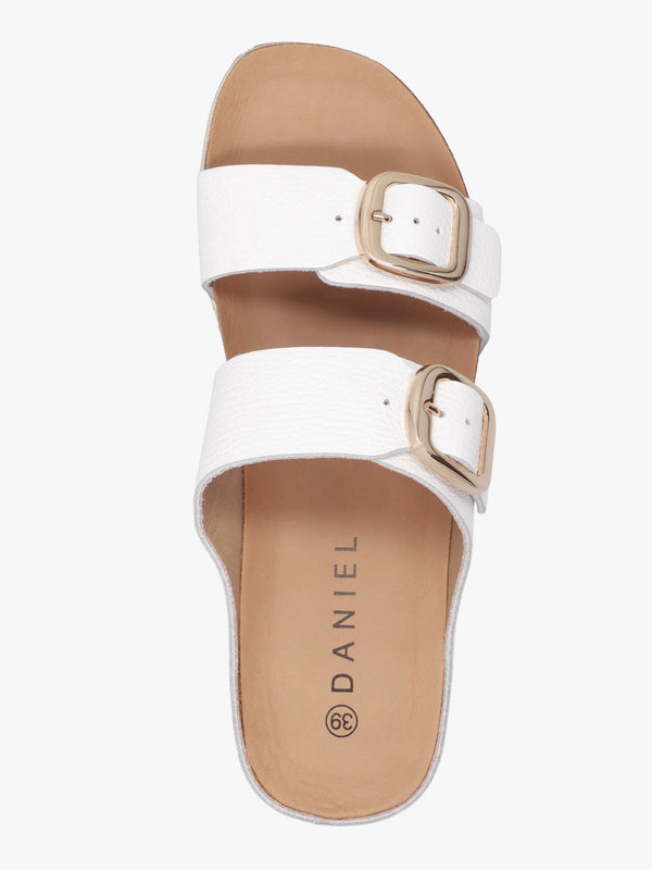 Ibuckle White Leather Two Bar Low Wedge Mules