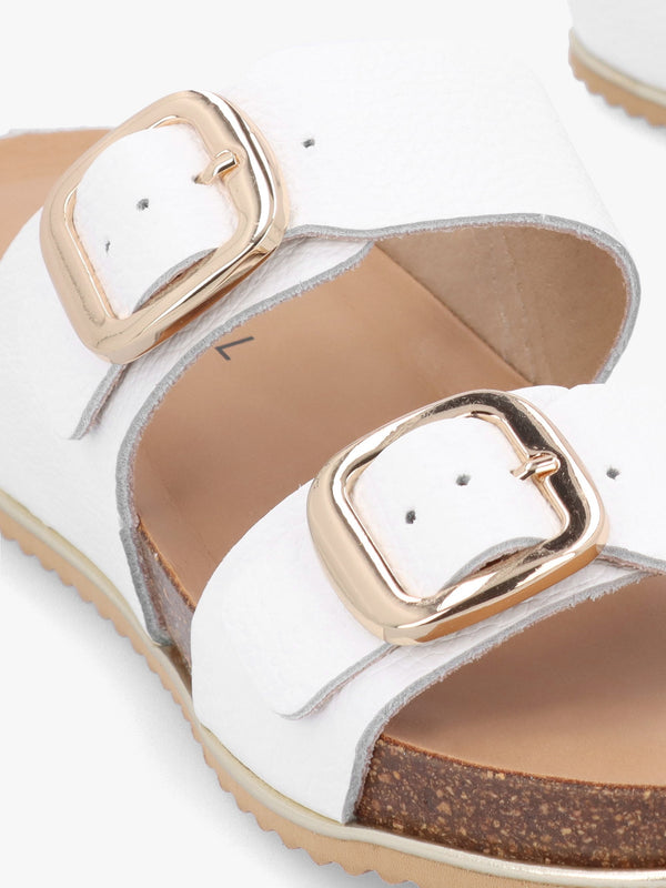 Ibuckle White Leather Two Bar Low Wedge Mules