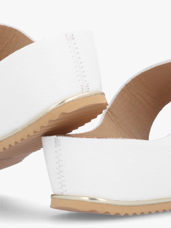 Ibuckle White Leather Two Bar Low Wedge Mules